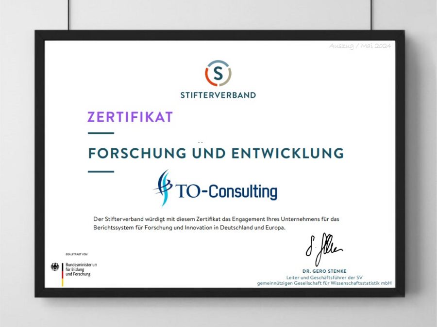 Auszeichnung durch den Stifterverband für TO-Consulting - Zertifikat "Forschung und Entwicklung"